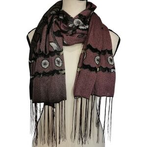 Pineapple Moon Burnout Poppy Embroidered Fringed Scarf